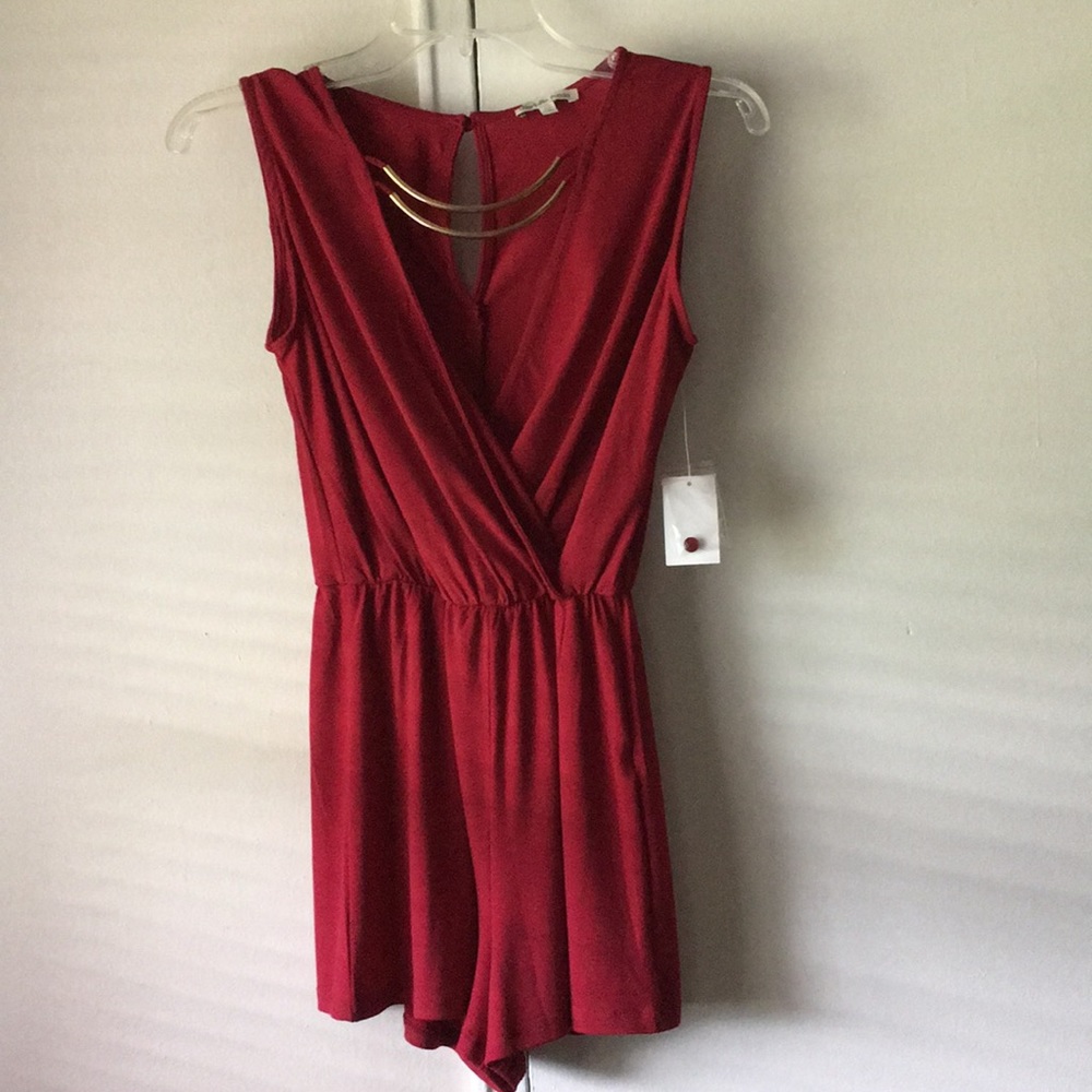 Romper with gold bar necklace detail